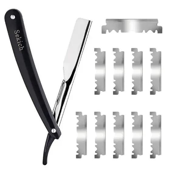 Kit Navalha Navalhete Profissional Barbeiro + Lâminas Aço Inox Acabamento Barba Sobrancelha