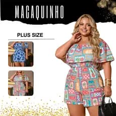 Macaquinho Short Plus Size Feminino Estampado Ombro a Ombro Babado Verao Leve Fresco