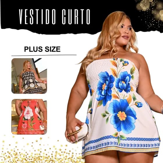 Vestido Curto Plus Size Estampado All curve Com elástico Modelador Disfarça Barriga Verão Tomara que Caia Alça Fina