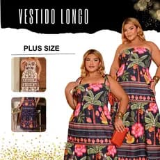 Vestido longo All Curve Plus Size Feminino Estampado Elastico Florido Alças Finas Verao Primavera
