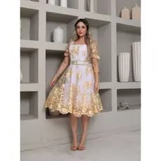 Vitoria Vestido curto luxo Tule com cinto bordado Forrado  manga curto