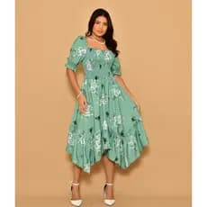 Vestido midi de ponto estampado crepinho lastex manga curto 30063