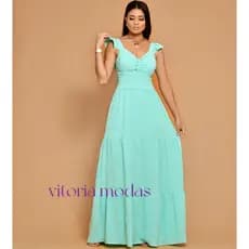 Vestido Longo feminina franzido com babada na mangas 9314