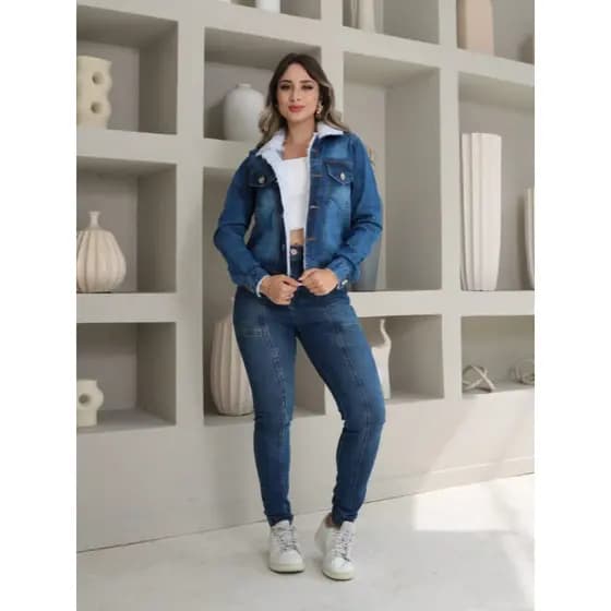 jaqueta Jeans Feminina Com Elastano pelúcia manga longa 0006
