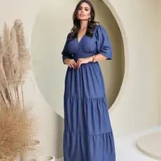 Vestido longo chambray  decote V manga curto 3 marias 0296
