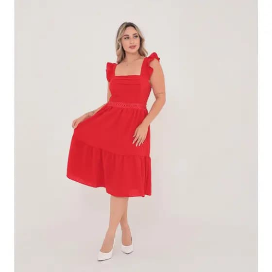vestido curto lisa duna com babado na manga renda na cintura 0268