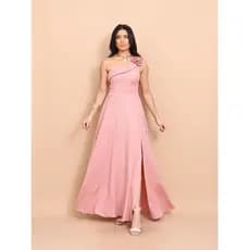 Vestido longo Luxo liso duna linho com fenda flores  um ombro