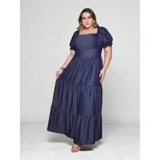 vestido longo luxo chambray imitação  jeans manga curto