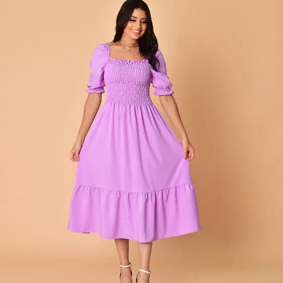 Vestido midi liso crepinho lastex manga curto 1942