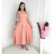 Vestido midi Luxo liso duna linho com laço  na manga 0150