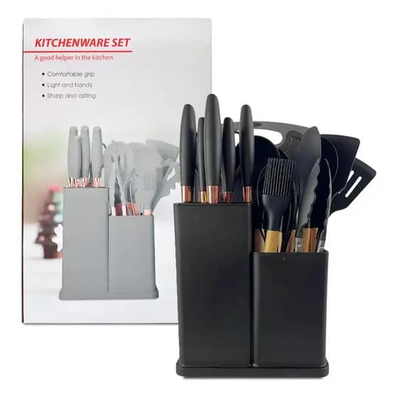 Kit Utensílios de Cozinha em Silicone e Antiaderente com Suporte – Conjunto Completo