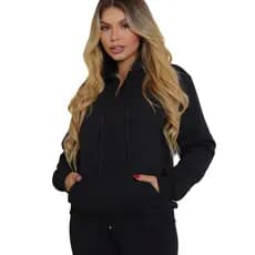 Blusa De Frio Casaco Moletom Feminina Com Ziper e Capuz Liso Várias Cores Com Cordão