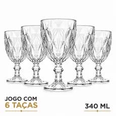 Jogo 6 Taças de Vidro Diamond 340ml Taça para Água Suco Drink Mesa Posta