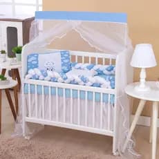 Kit Para Mini Berço Bebe Menino Trança Nuvem Azul 7 Peças