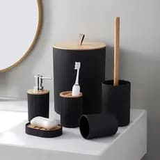 Kit Banheiro Conjunto 6 Peças Completo Lixeira com Tampa Basculante Bambu Lavabo Escova Sanitária