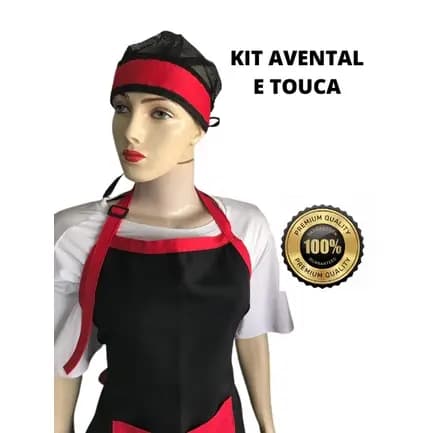 combo avental e touca de cabelo profissional - avental de cozinha com bolso - RESTAURANTE KIT AVENTAL VERMELHO E PRETO