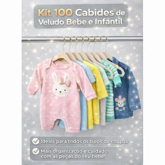 Kit 100 Cabide Infantil Bebê Rister Baby Veludo Slim Antideslizante Ultra Fino