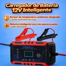 Carregador de Bateria 12V Inteligente Mazzilli Carrega Carro e Moto,LCD, 15AH a 100AH