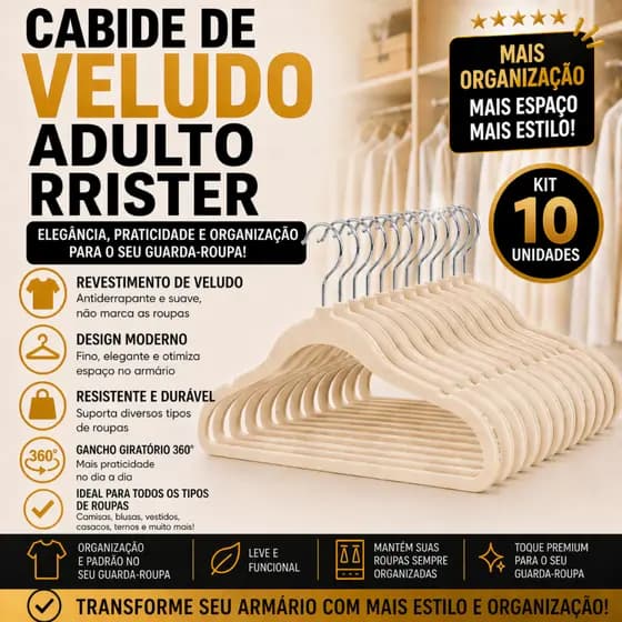 Kit 10 Cabides Adulto Ultra Finos de Veludo RRister – Protege Roupas e Deixa Seu Closet Organizado