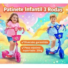 Patinete Infantil 3 Rodas com LED, Música, Cestinha – Regulável | Brinquedo Criança