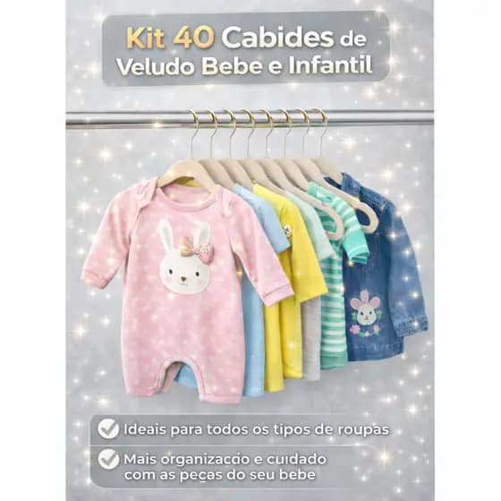 Kit 40 Cabide Infantil Bebê Rister Baby Veludo Slim Antideslizante Ultra Fino