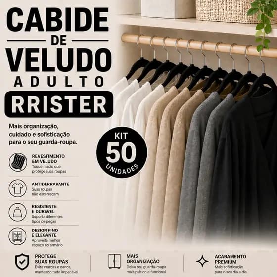 Kit 50 Cabides Veludo Slim RRister Adulto – Antideslizante, Fino e Super Resistente
