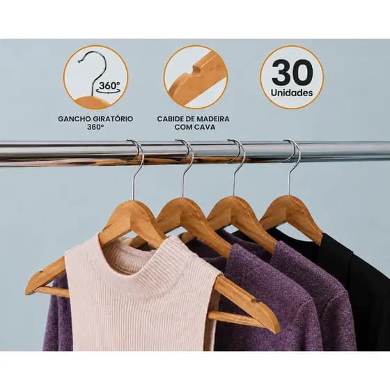 Kit 30 Cabides Madeira RRister Super Resistente para Adulto