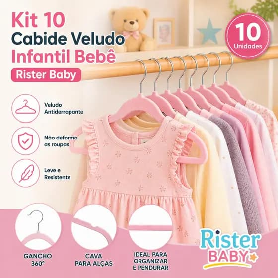 Kit 10 Cabides Infantil Bebê Veludo Não Escorrega Rister Baby
