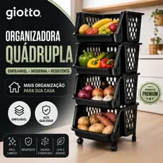 Organizadora Quádruplo Fruteira Com Rodinhas Empílhavel Preto Vazado cesto Armazenamento Giotto