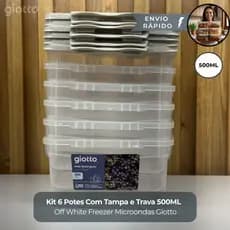 Kit 6 Potes Com Tampa e Trava 500ML Off White Hermetico Fitnes Freezer Microondas Marmitas Giotto