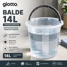 Balde 14L Transparente com Alça Cinza e Medidor Multiuso Cozinha Lavanderia Limpeza Giotto