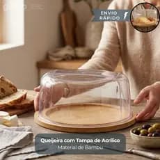 Porta Queijo Bambu com Tampa Acrílico Para Frios e Manteigueira Queijeira Multiuso Conserva