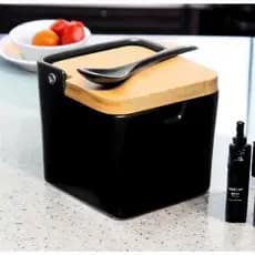 Saleiro Porcelana Preto Tampa De Bambu Com Colher Tempero