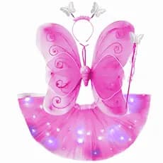 Kit Fantasia Infantil Borboleta Saia com LED Asa Tiara Pink