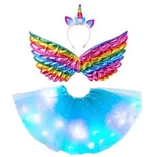 Fantasia Azul Carnaval Saia Tiara Asa Infantil Unicórnio LED