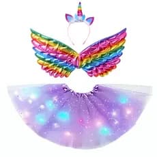 Carnaval Fantasia Tiara Asa Infantil Saia Tule Lilás LED
