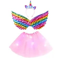 Kit Fantasia Rosa Tiara Asa Saia Tule Folia Infantil LED