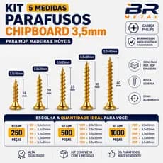 Monte seu Kit 5 Medidas Parafusos Chipboard para Madeira – 250 / 500 / 1000 Unidades
