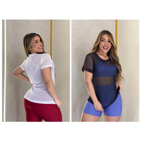 Kit 2 Blusas Feminina De Tule Transparente Academia Fitness Camisão Fitness Brasil Copa do Mundo