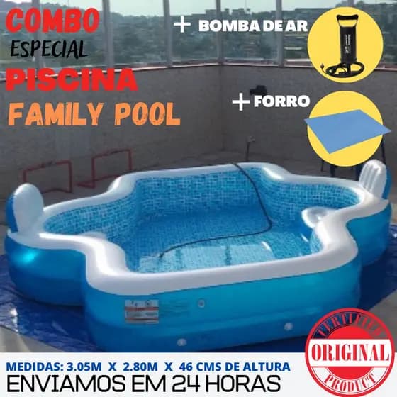 Piscina Família Premium 3.000L c/ Assentos e Encostos - Piscina Family Pool c/ +Forro, +Bomba de Ar.