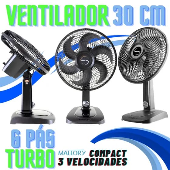 VENTILADOR TURBO MESA 6 PÁS 30CM 127V PRETO 3 VELOCIDADES, INCLINAÇÃO VERTICAL, OSCILAÇÃO HORIZONTAL