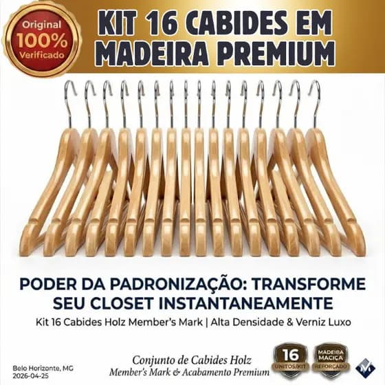 Conjunto Kit 16 Cabides de Madeira Maciça Marfim Holz c/ Gancho de Ferro Cromado, 10mm de espessura