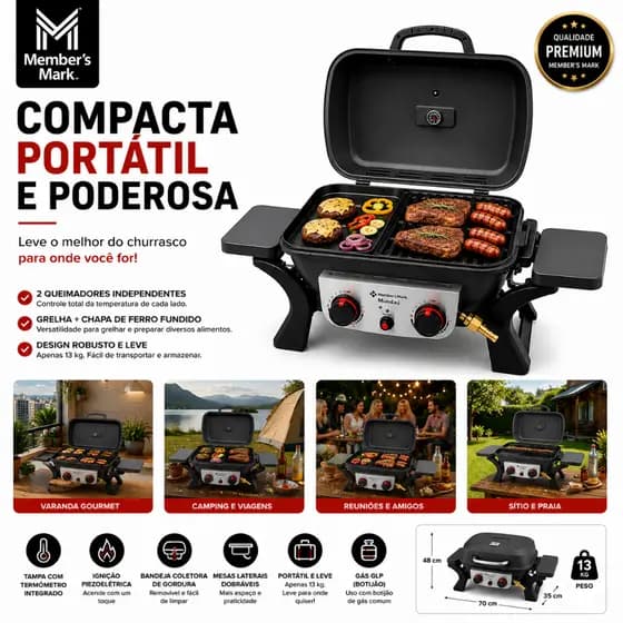 Churrasqueira Grill Parrilha à Gás Portátil  2 Bocas c/ Tampa Termômetro Integrado | Camping Varanda