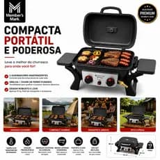 Churrasqueira Grill Parrilha à Gás Portátil  2 Bocas c/ Tampa Termômetro Integrado | Camping Varanda