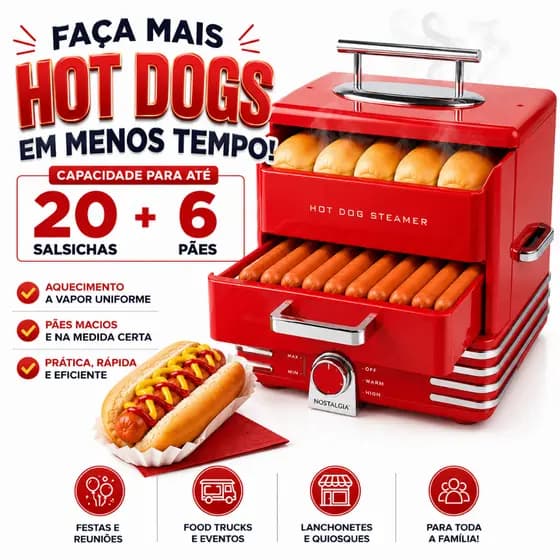 CAIXA HOT DOG MÁQUINA DE CACHORRO QUENTE A VAPOR STEAMER 127V - ATÉ 20 SALSICHAS E 6 PÃES - VERMELHO