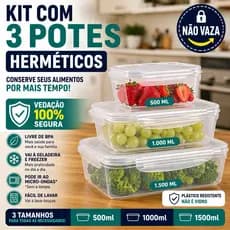 Kit 3 Potes Herméticos de Plástico com Lacre Alta  Vedação de Silicone Marmita Organizador Geladeira