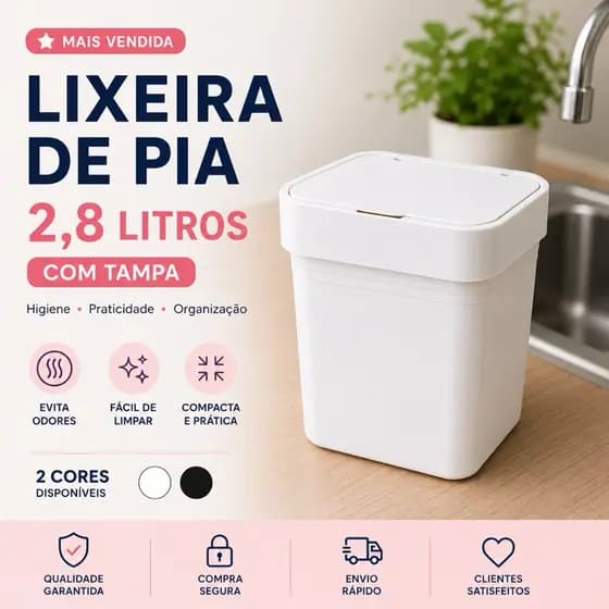 Lixeira de Pia  com tampa 2,8L – Compacta, Higiênica e Super Prática!   Lixeira plástica de pia