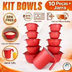 Kit 10 Potes Plásticos Redondo com Tampa + Jarra 1,8L Cozinha saladeira vasilhas micro-ondas