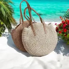 Bolsa de Palha Feminina Redonda Grande para Praia com Ombro Forrada e Fecho de Zíper