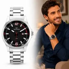 Relógio Masculino Analógico com Calendário Social Prata em Aço Inox Resistência à Água 2115NBB/1K